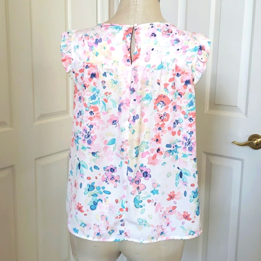 LC LAUREN CONRAD Sleeveless Blouse Watercolor Floral Ruffle Shoulders • MEDIUM - Picture 5 of 16